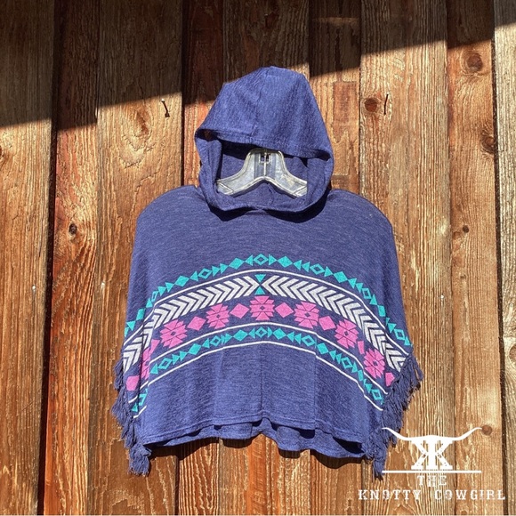 Blue Aztek Hooded Crop Poncho Sz Sm - Picture 1 of 1